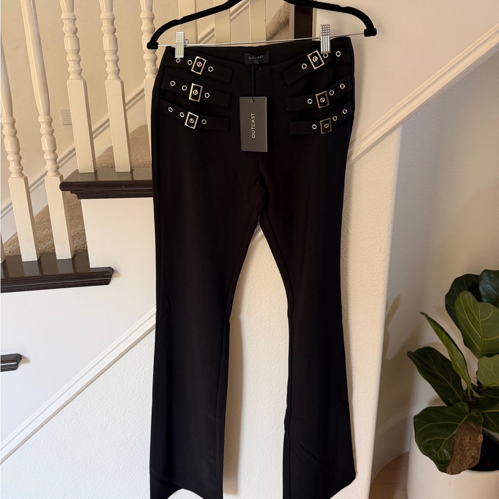 Women's Black Flare Pants with Buckle Detail